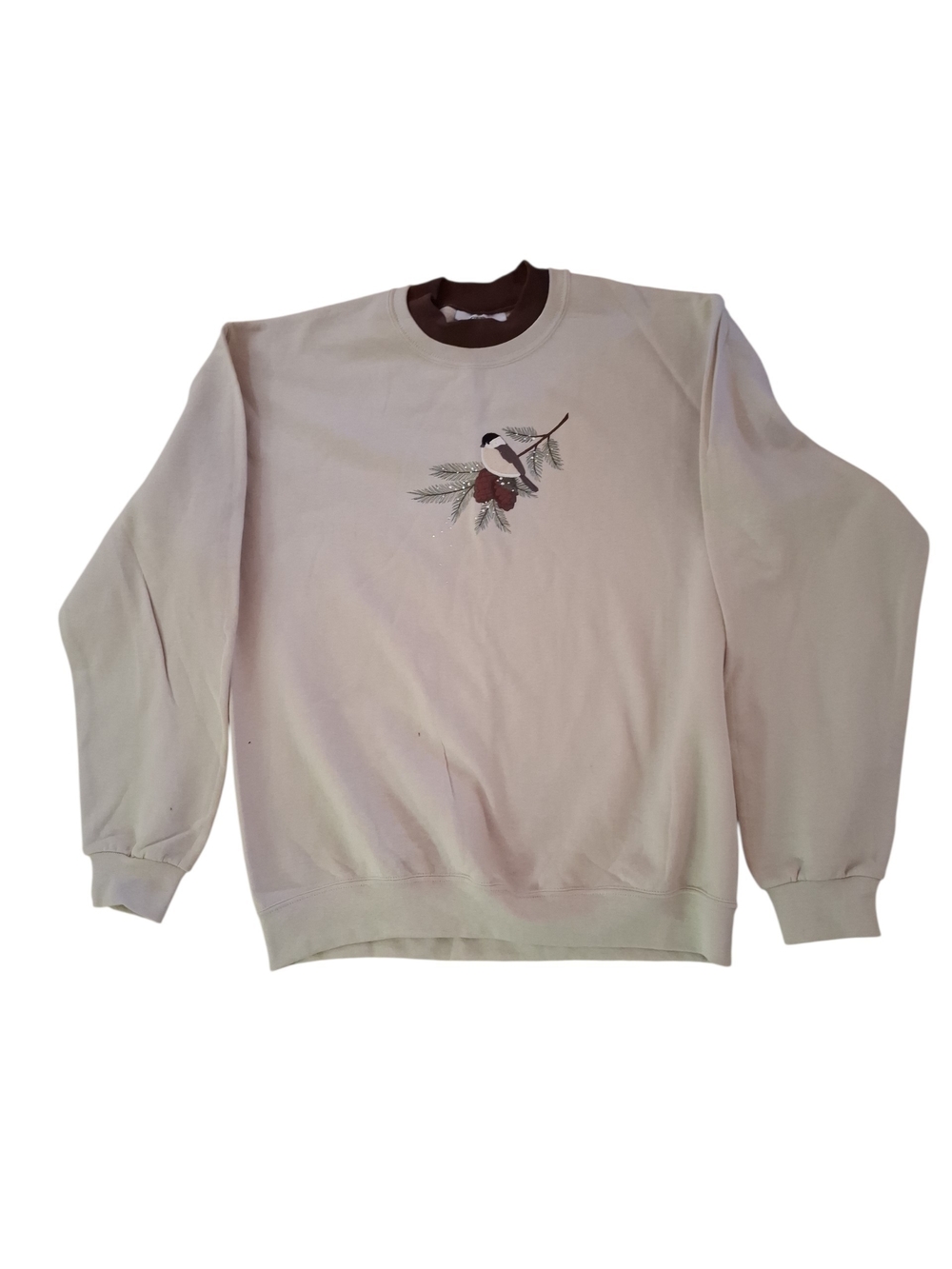 Vintage Country Store Chickadee Pinecone Sweatshirt Size Med Cream Embroidery